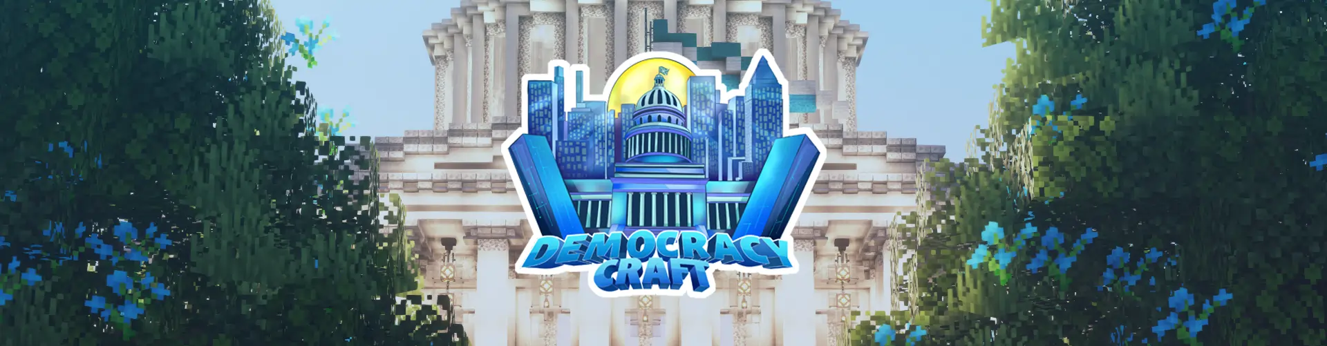 Close up of DemocracyCraft capital building with server logo in foreground